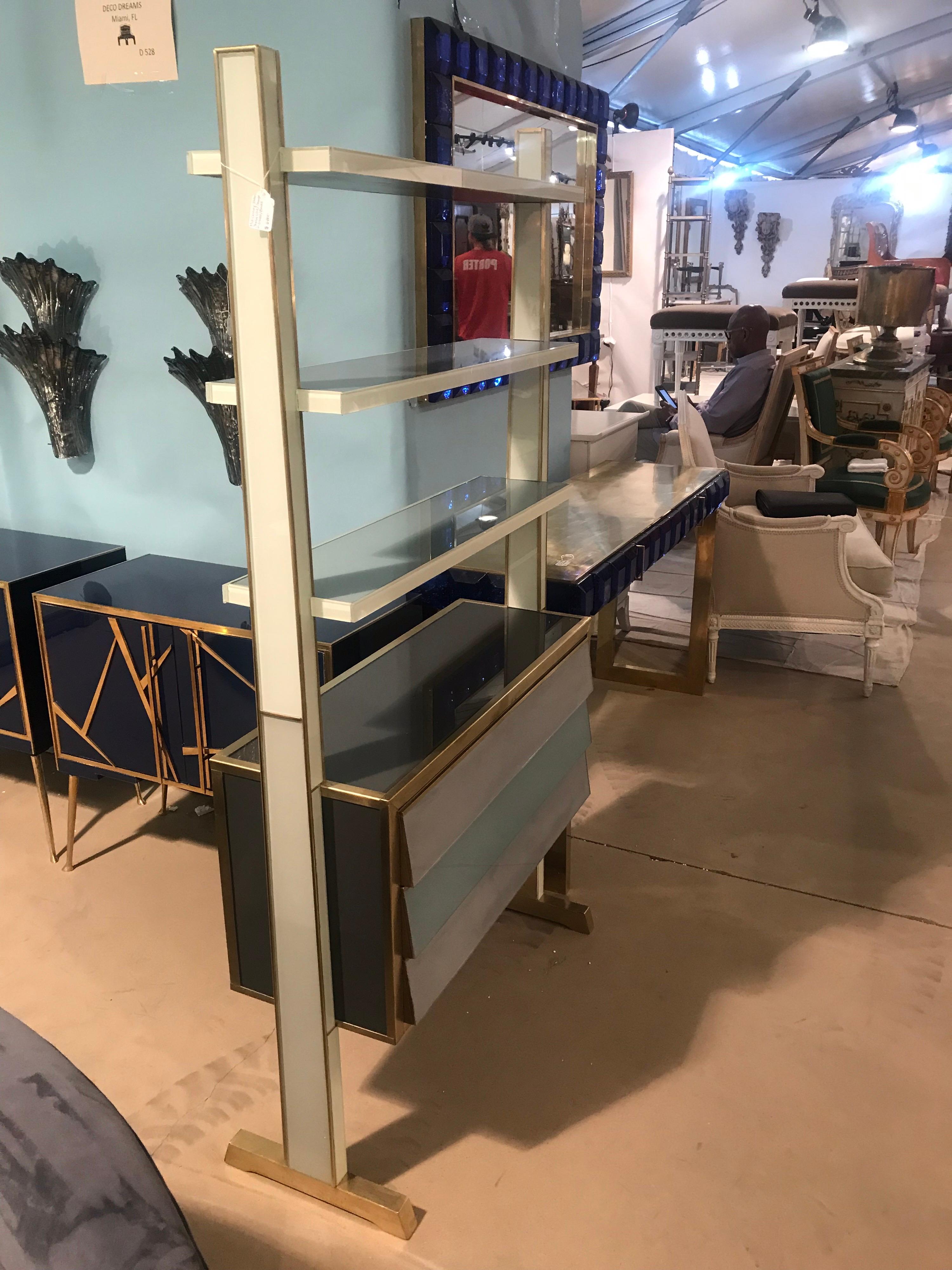 Mid-Century Modern Unique Midcentury Italian Reverse Painted Glass and Brass Shelving Unit