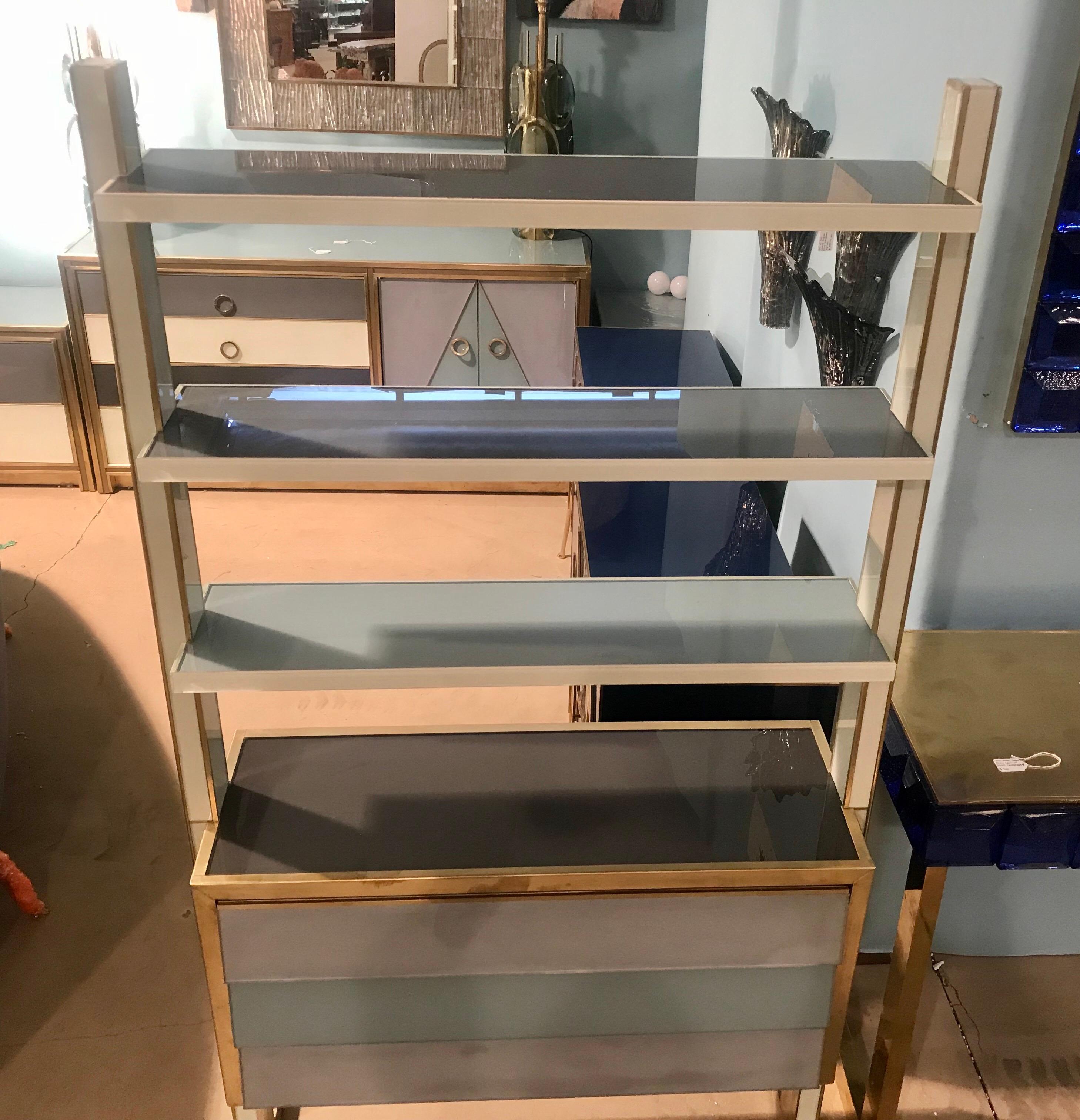 Unique Midcentury Italian Reverse Painted Glass and Brass Shelving Unit In Good Condition In Miami, FL
