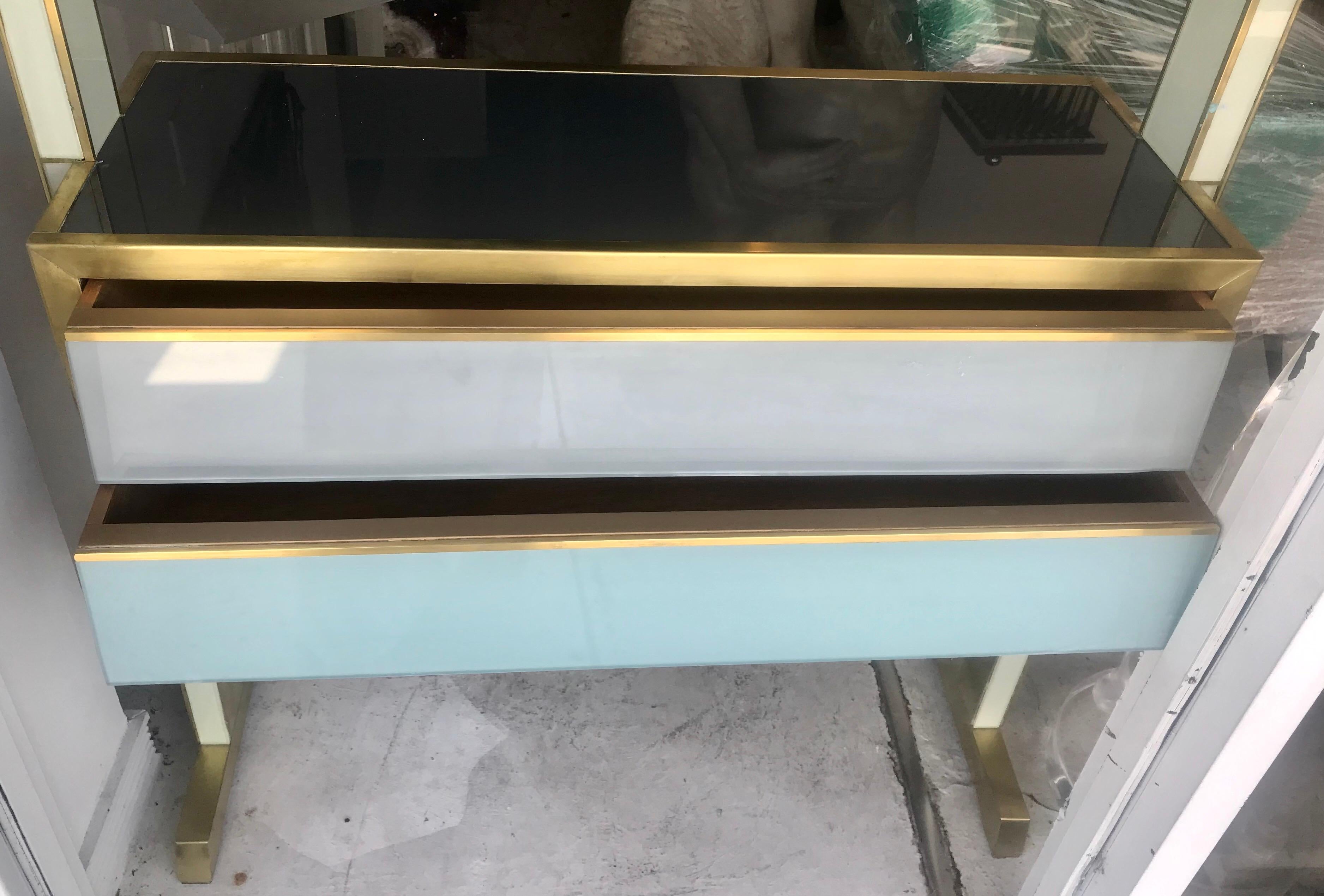 Unique Midcentury Italian Reverse Painted Glass and Brass Shelving Unit 1