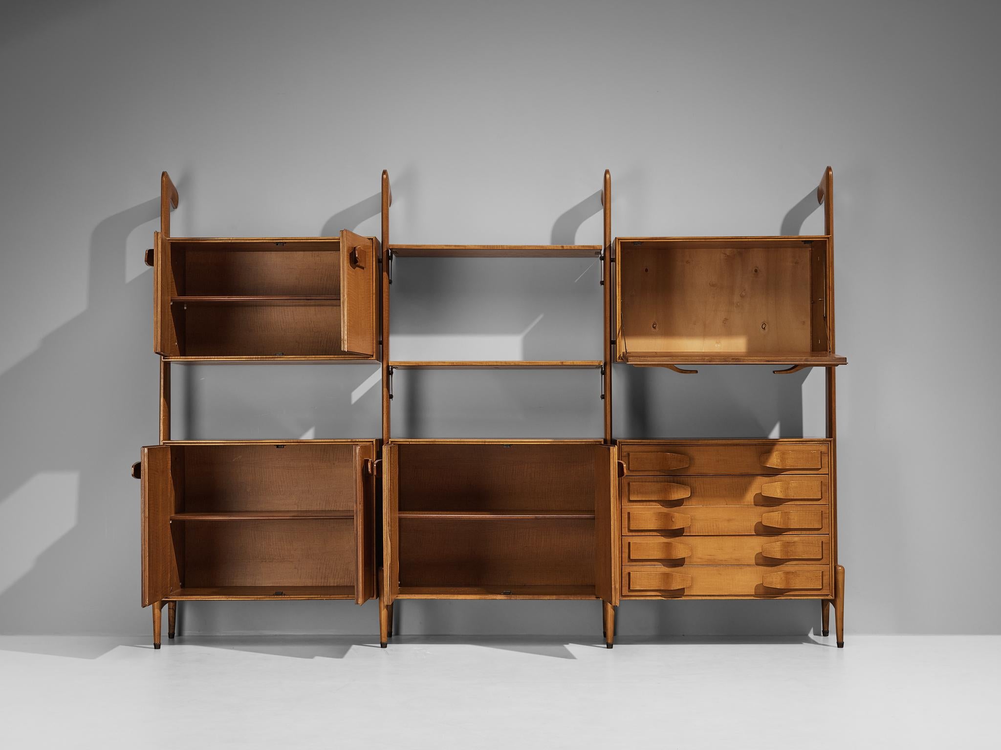 Unique Midcentury Large Italian Bookcase in Cherry and Brass For Sale