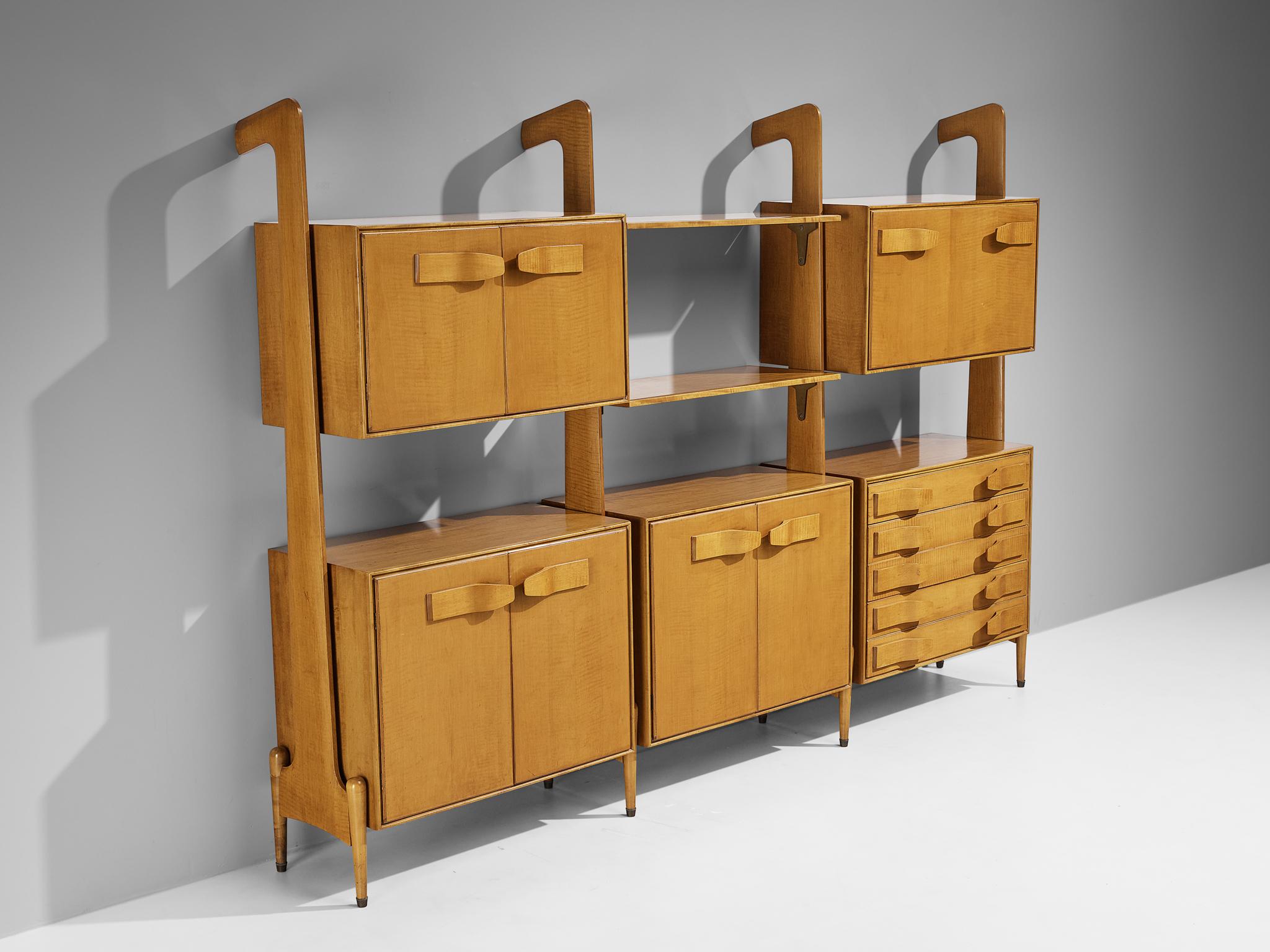 Unique Midcentury Large Italian Bookcase in Cherry and Brass For Sale