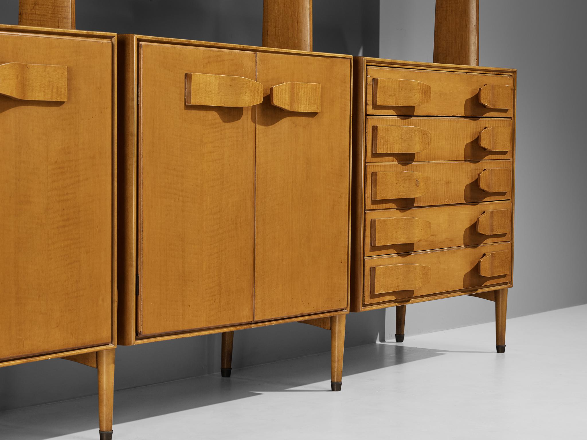 Unique Midcentury Large Italian Bookcase in Cherry and Brass For Sale