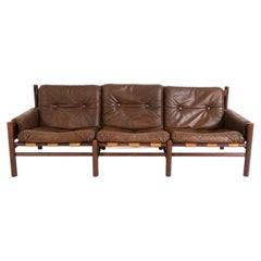 Unique Mid century low sling Brown leather safari 3 seat sofa by Bruksbo