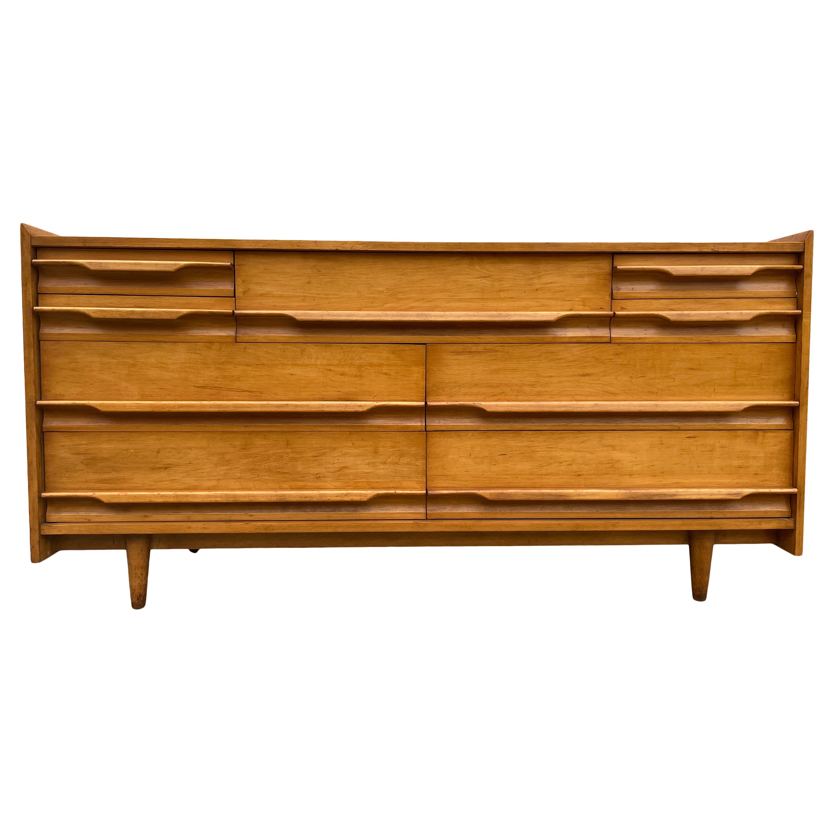 Unique Mid-Century Modern American Maple 9 Drawer Dresser Credenza by Crawford