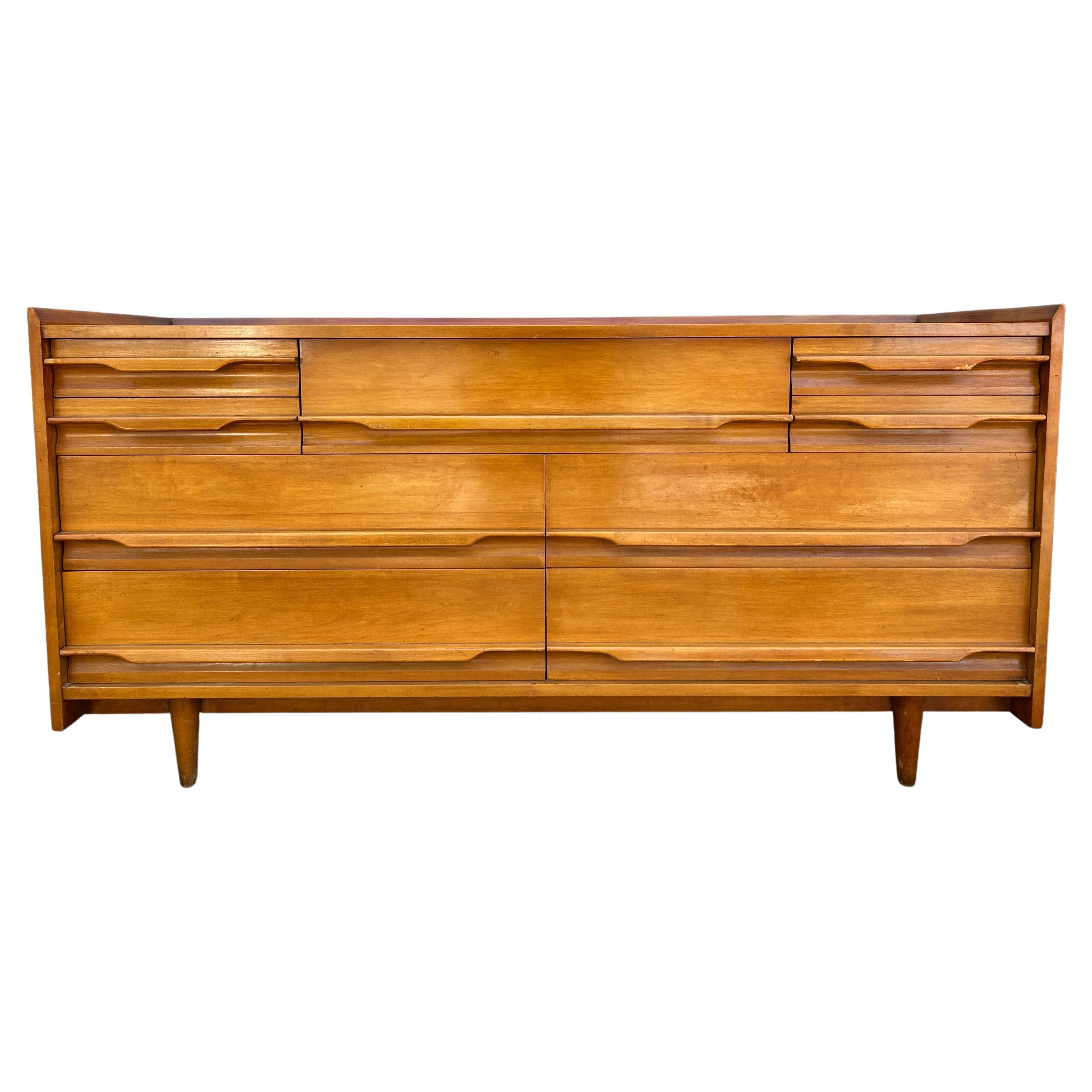 Unique Mid-Century Modern American Maple 9 Drawer Dresser Credenza by Crawford