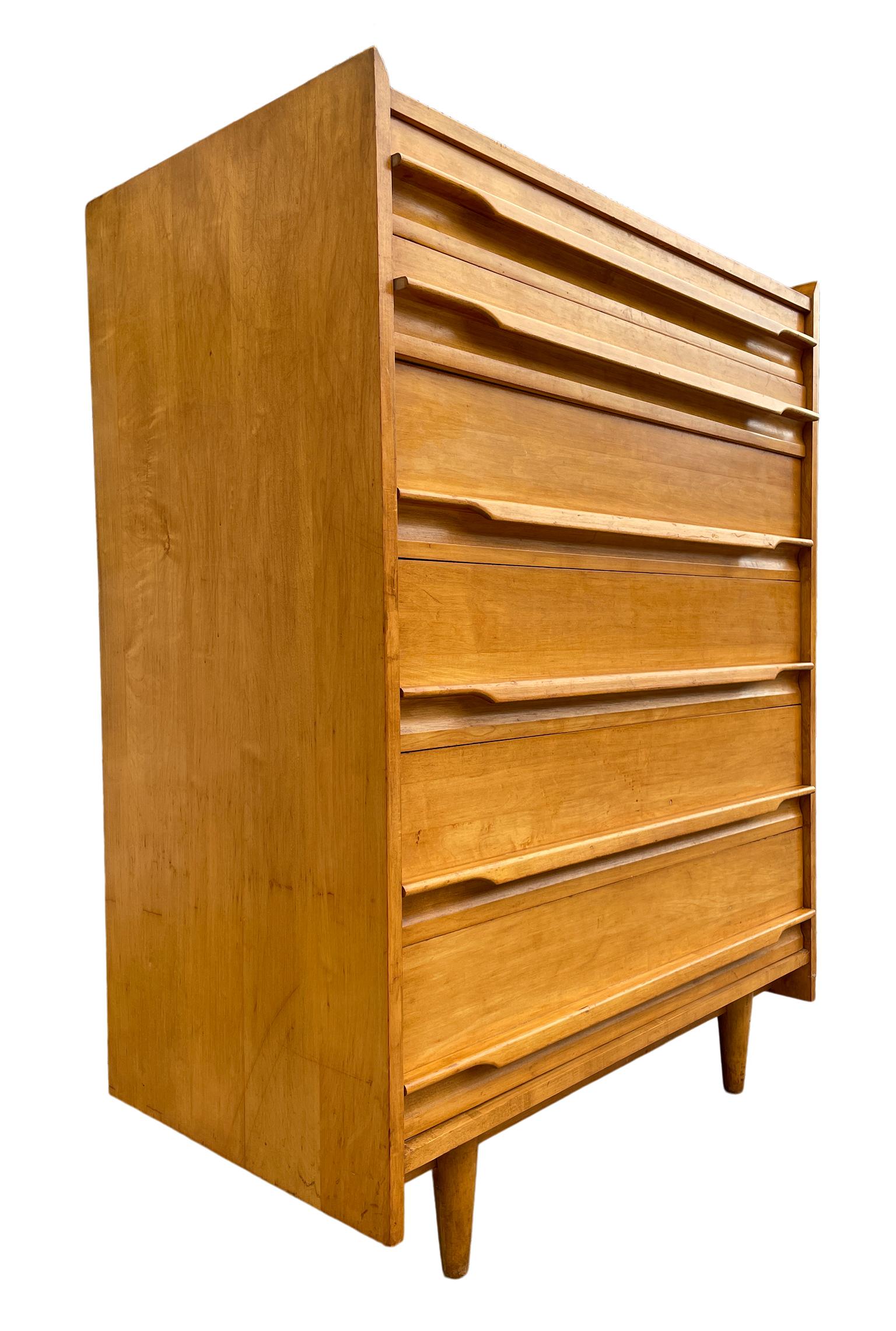 Mid-20th Century Unique Mid-Century Modern American Maple Tall 6 Drawer Dresser by Crawford For Sale