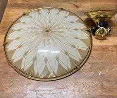Unique Mid-Century Modern Artistic Glass Art Flush Mount with Brass Ring, 1950s