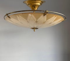Unique Mid-Century Modern Artistic Glass Art Flush Mount with Brass Ring, 1950s