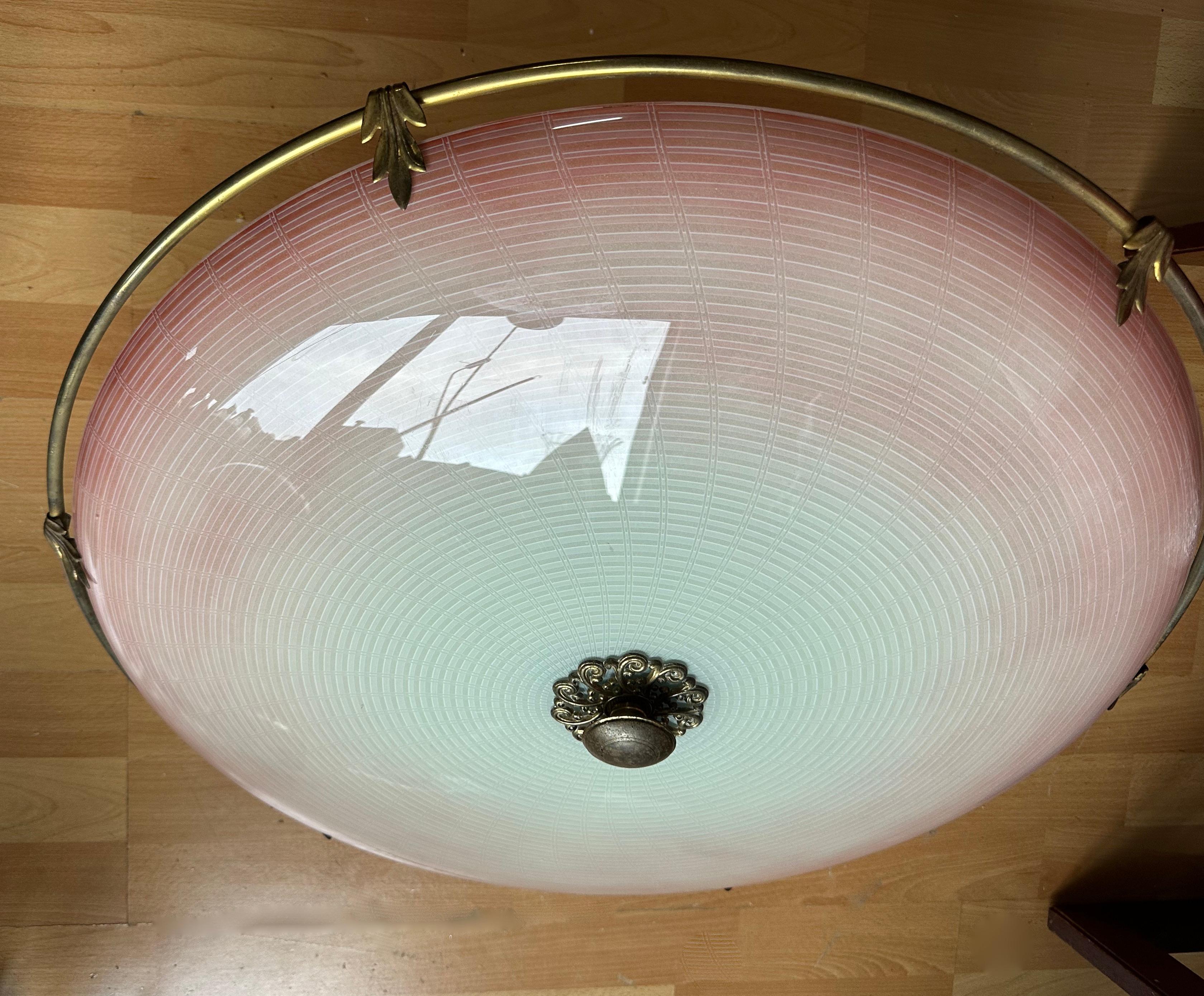 Unique Mid-Century Modern Artistic Glass Art Flush Mount with Brass Ring, 1950s For Sale 1