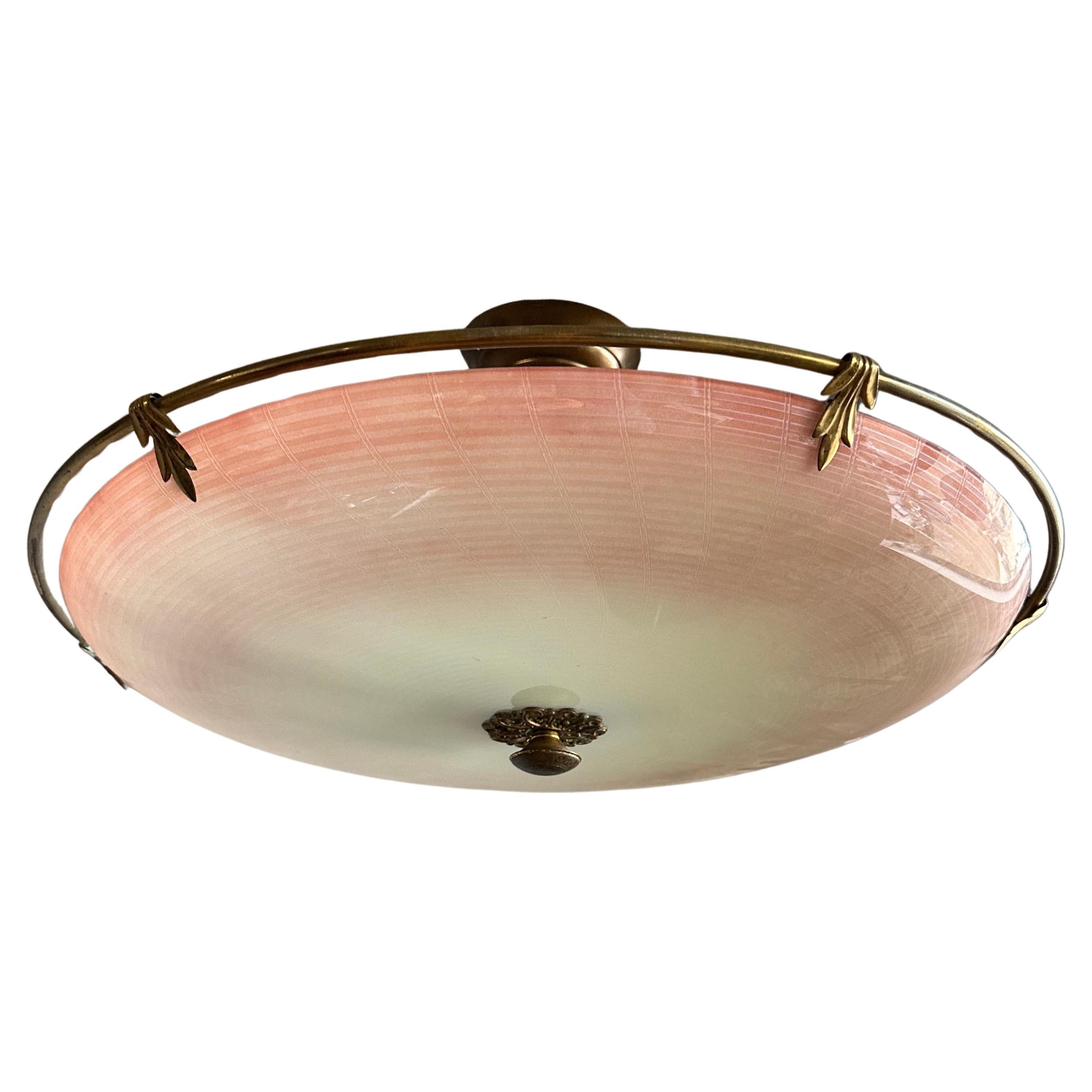 Unique Mid-Century Modern Artistic Glass Art Flush Mount with Brass Ring, 1950s For Sale