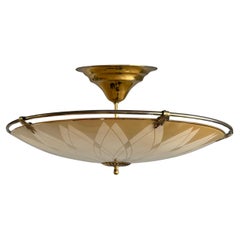 Unique Mid-Century Modern Artistic Glass Art Flush Mount with Brass Ring, 1950s