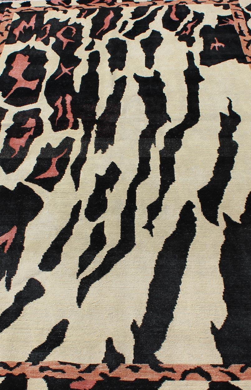 Unique Mid-Century Modern Rug with Zebra Skin Design in Black, Cream & Pink For Sale 1