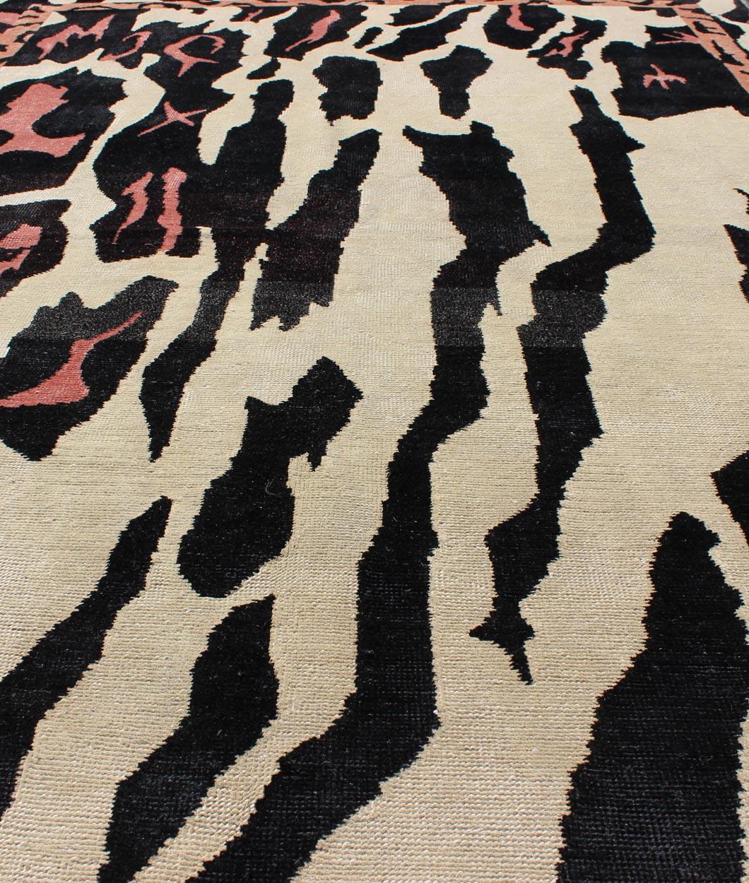 Unique Mid-Century Modern Rug with Zebra Skin Design in Black, Cream & Pink For Sale 2