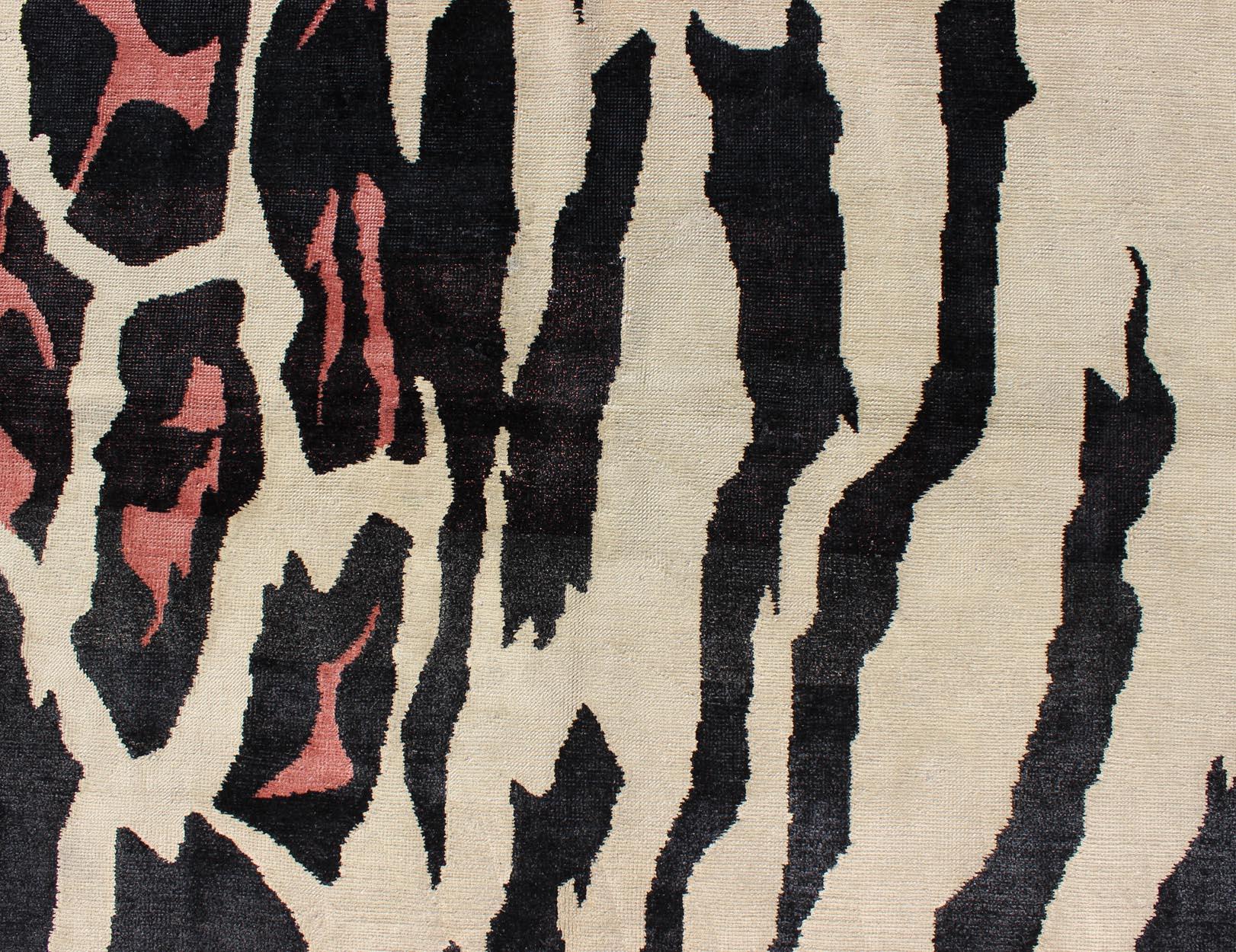 Turkish Unique Mid-Century Modern Rug with Zebra Skin Design in Black, Cream & Pink For Sale