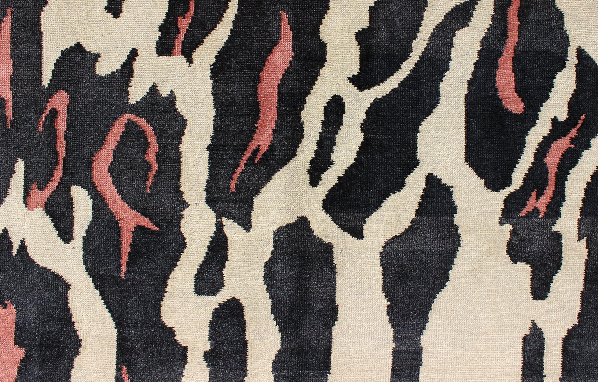Turkish Unique Mid-Century Modern Rug with Zebra Skin Design in Black, Cream & Pink
