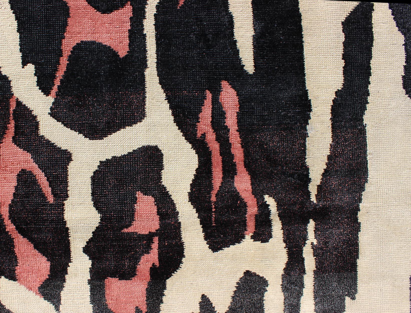 Hand-Knotted Unique Mid-Century Modern Rug with Zebra Skin Design in Black, Cream & Pink