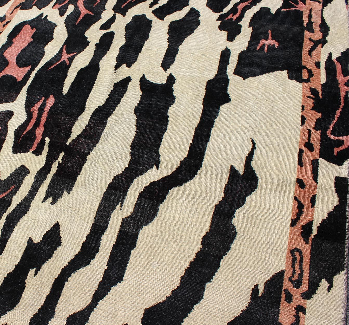 Wool Unique Mid-Century Modern Rug with Zebra Skin Design in Black, Cream & Pink For Sale