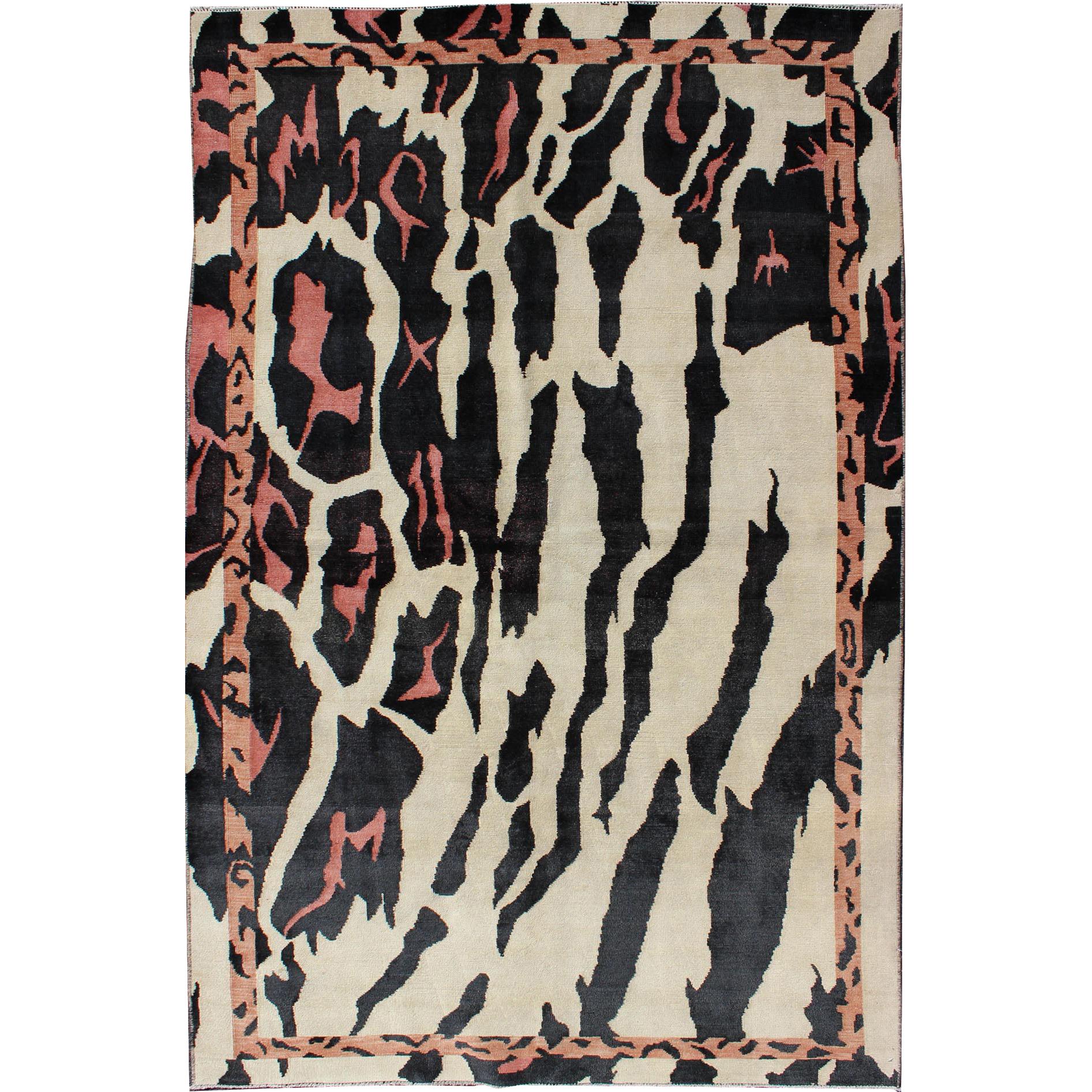 Unique Mid-Century Modern Rug with Zebra Skin Design in Black, Cream & Pink