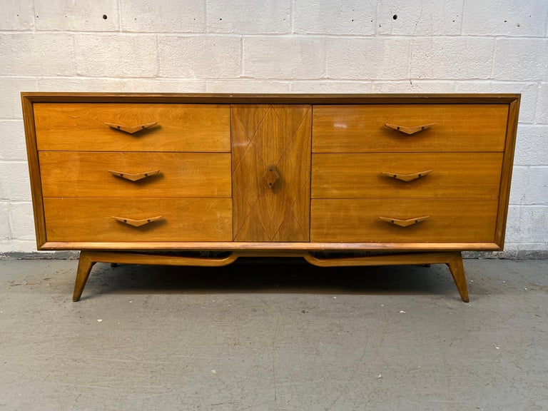 lowboy dresser Mid Century Modern Walnut Lowboy Dresser | Sculpted Front 6 Drawer Credenza