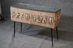Unique Mid-Century Modern Mirrored Top Figural Console Table Cabinet, circa 1950