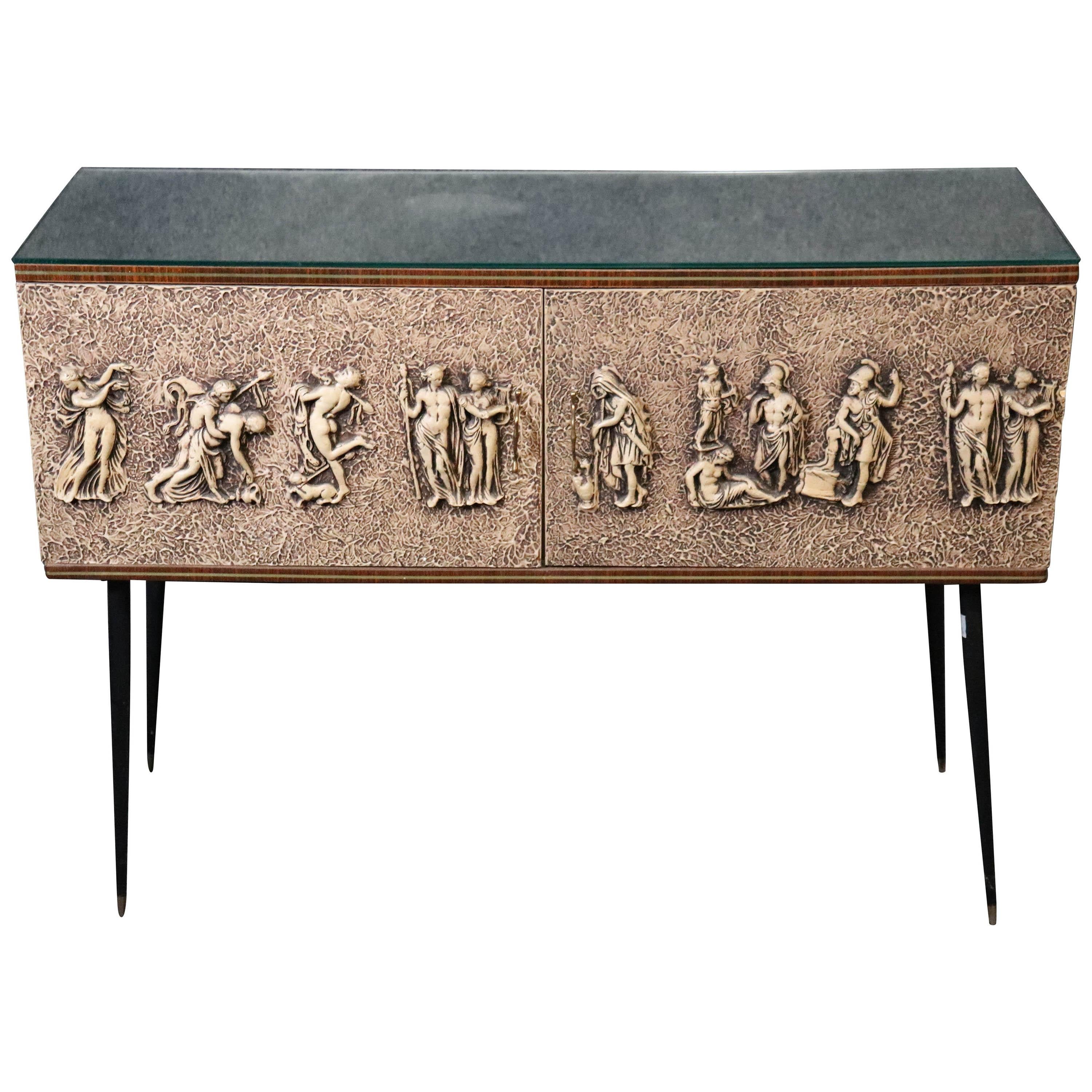 Unique Mid-Century Modern Mirrored Top Figural Console Table Cabinet, circa 1950