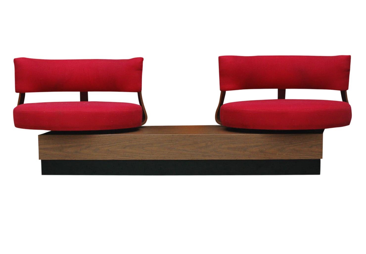 American Unique Mid-Century Modern Red Swivel Lounge Chairs Sofa on Platform Base