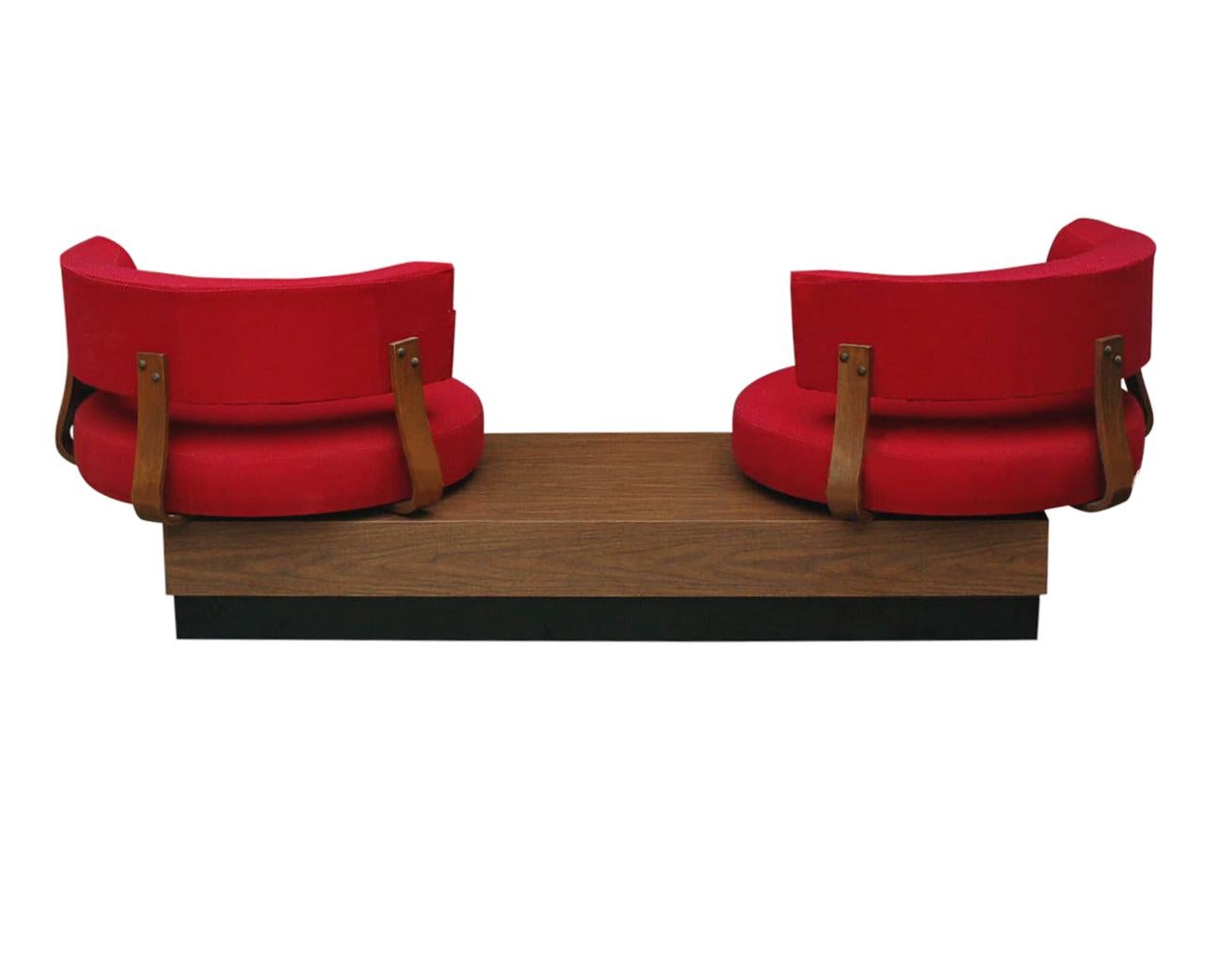 Late 20th Century Unique Mid-Century Modern Red Swivel Lounge Chairs Sofa on Platform Base