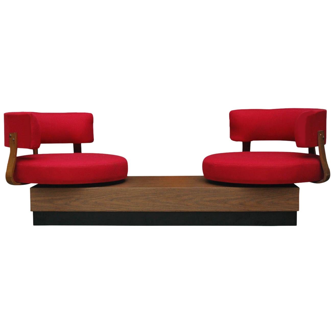 Unique Mid-Century Modern Red Swivel Lounge Chairs Sofa on Platform Base