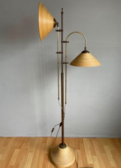 Unique Mid-Century Modern Set of Rattan and Brass Pendant Light and Floor Lamp