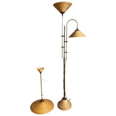 Vintage Unique Mid-Century Modern Set of Rattan and Brass Pendant Light and Floor Lamp