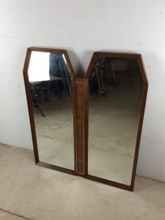 Unique Mid Century Modern Wall Mirror with 2 Hexagonal Panels & Walnut Frame