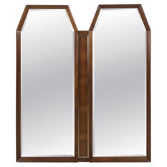 Unique Mid Century Modern Wall Mirror with 2 Hexagonal Panels & Walnut Frame