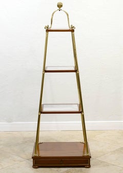 Unique Midcentury Obelisk Shape Brass, Mahogany and Marble Display Etagere