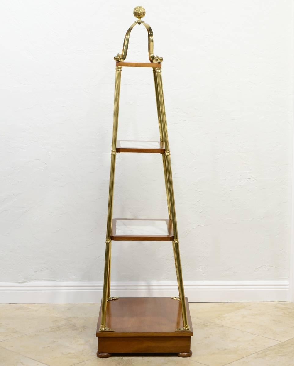 20th Century Unique Midcentury Obelisk Shape Brass, Mahogany and Marble Display Etagere
