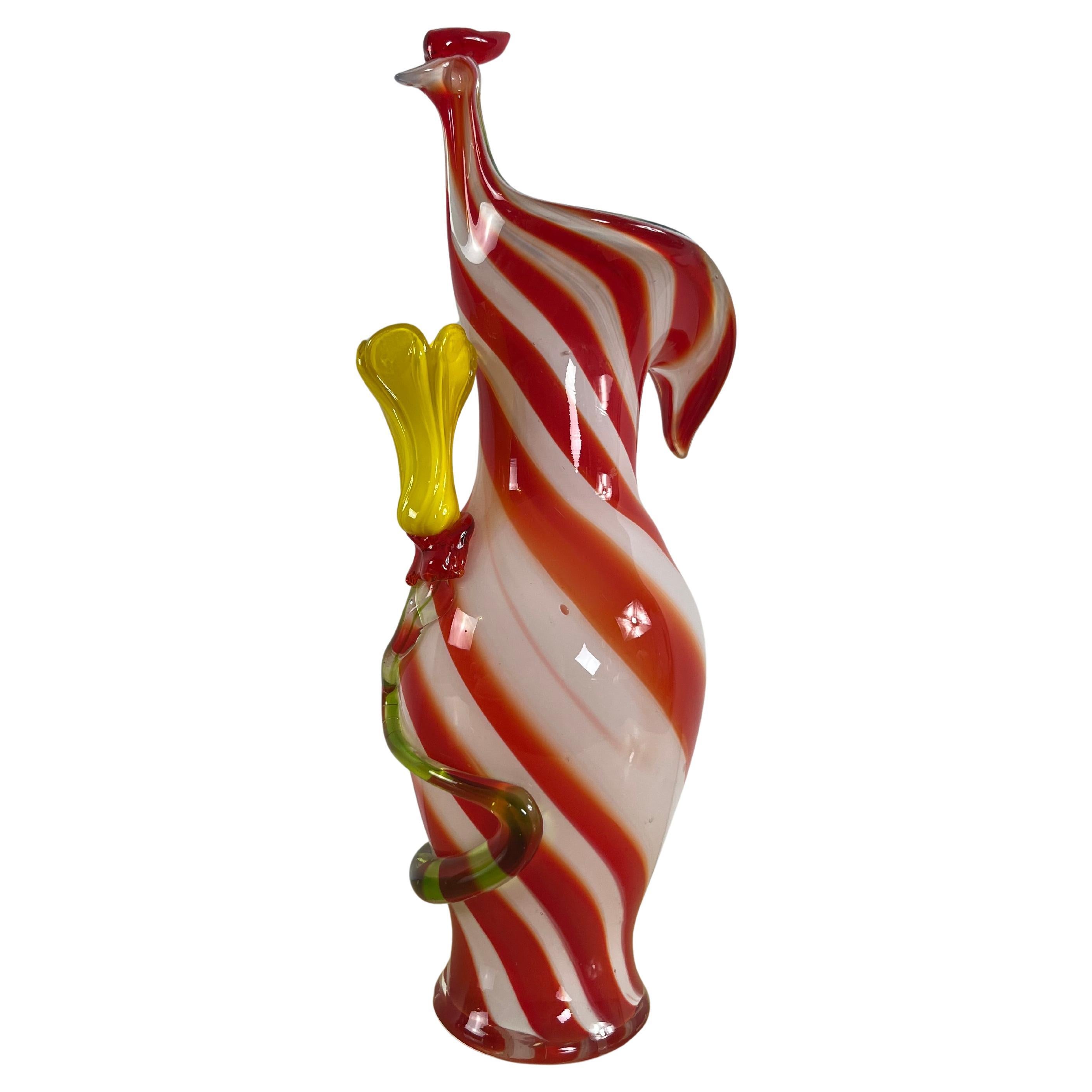 Einzigartige Vase aus polychromem Murano-Glas mit Hahn und Blumen aus der Mitte des Jahrhunderts, 1950er Jahre im Angebot