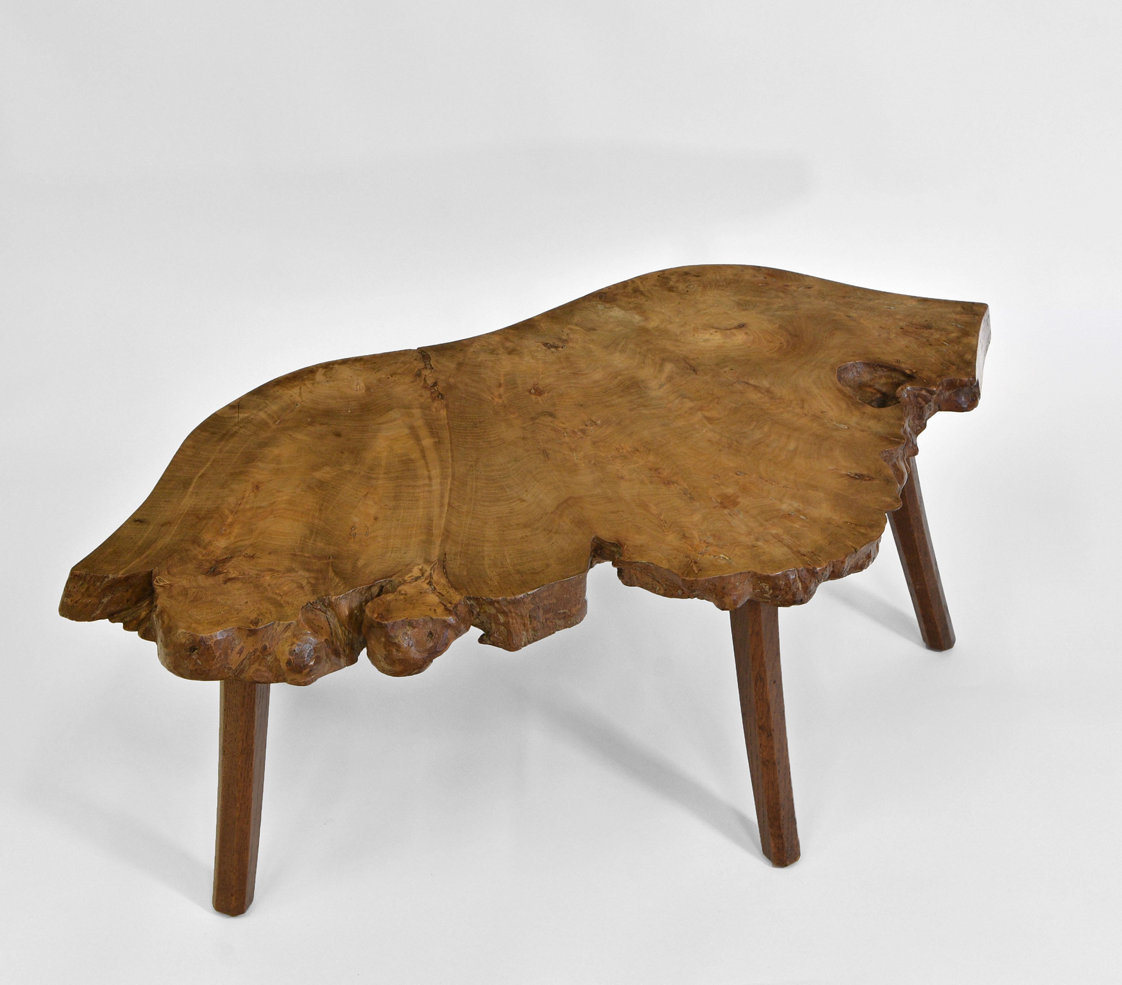 A unique mid-century sculptural burr elm coffee table By Jack Grimble. Inscribed signature along with a label: 