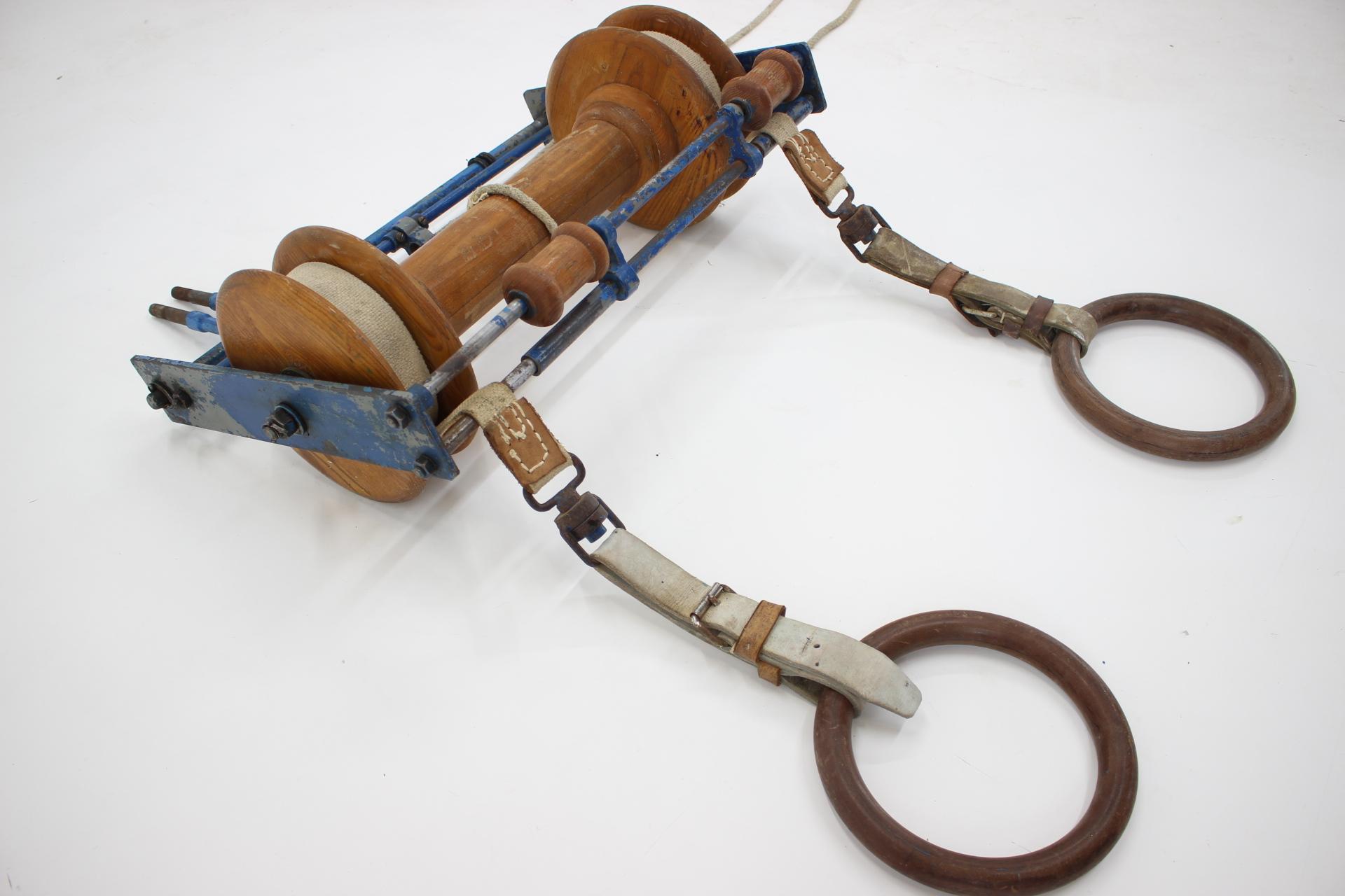 Leather Unique Mid Century Sport Gymnastic Rings, Around 1960s / Czechoslovakia For Sale