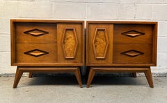 Unique Mid-Century Walnut & Burl Diamond Front Night Stands