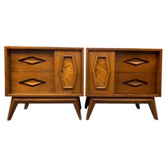 Unique Mid-Century Walnut & Burl Diamond Front Night Stands