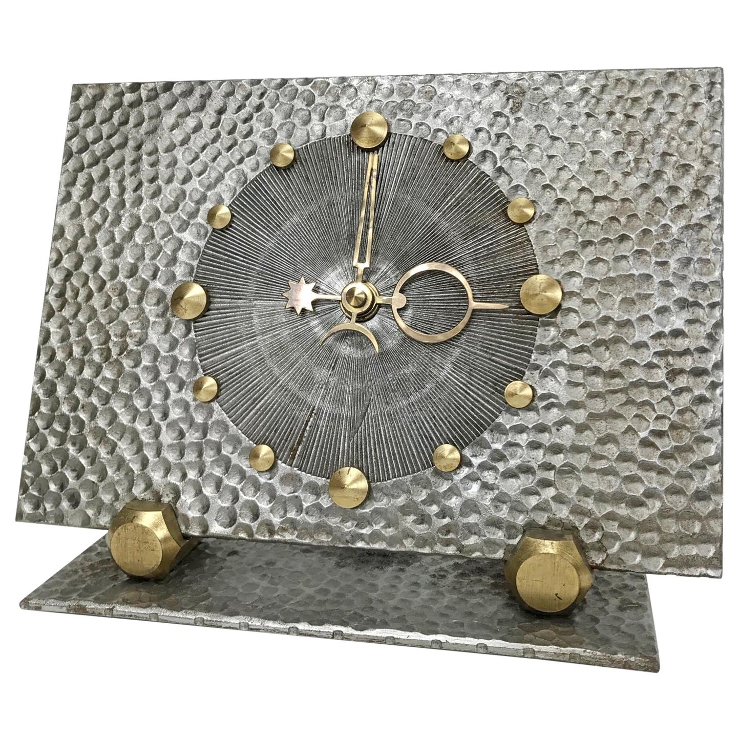 Unique Midcentury Brutalist Brass and Steel Table Clock, 1950s, Germany