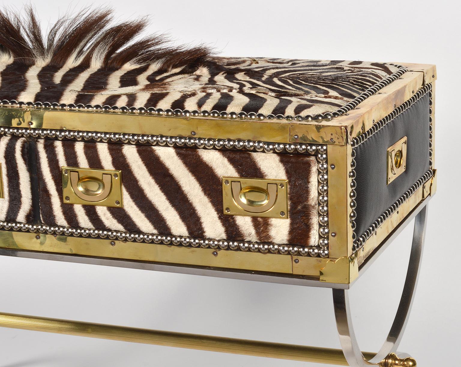 Mid-Century Modern Unique Midcentury French Two-Drawer Zebra Skin Commode on Curule Style Stand