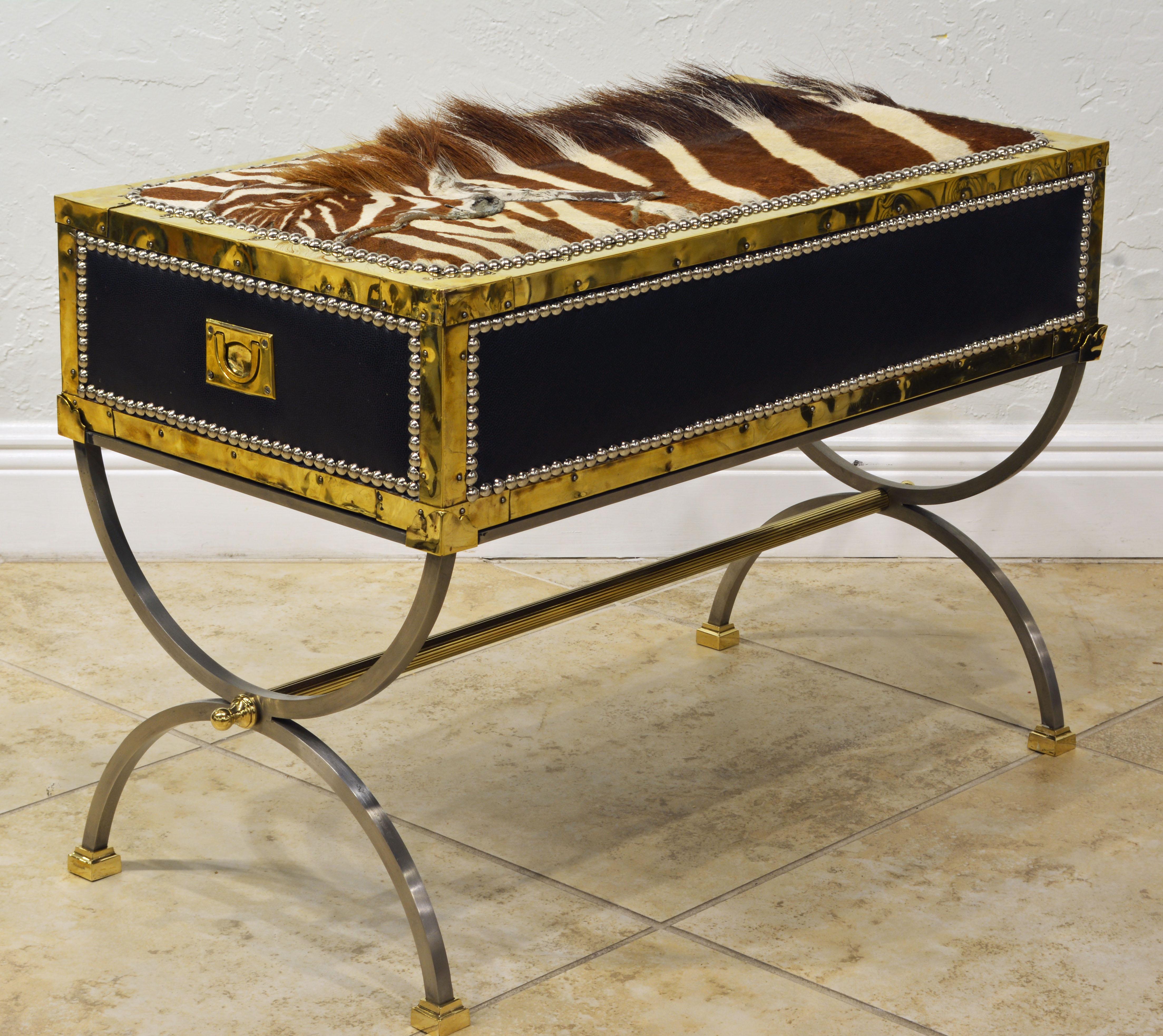 Mid-Century Modern Unique Midcentury French Two-Drawer Zebra Skin Commode on Curule Style Stand