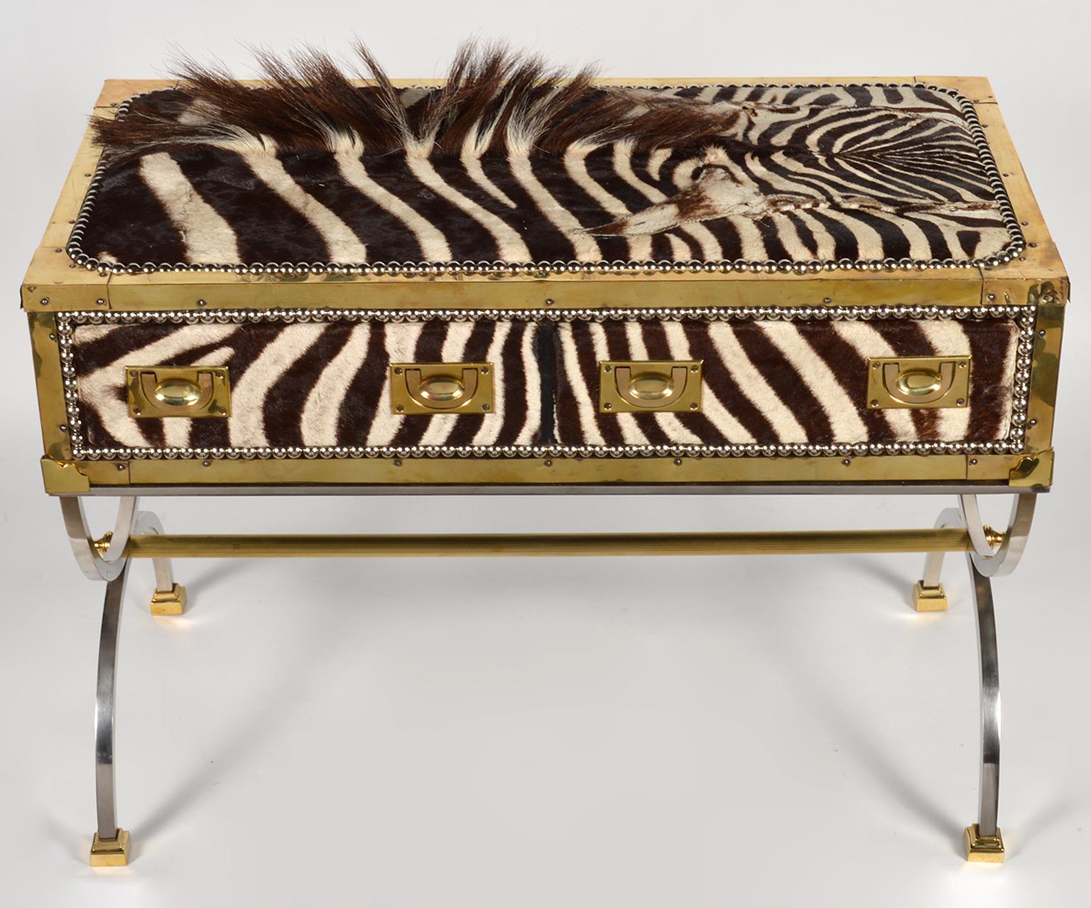 Unique Midcentury French Two-Drawer Zebra Skin Commode on Curule Style Stand In Good Condition In Ft. Lauderdale, FL
