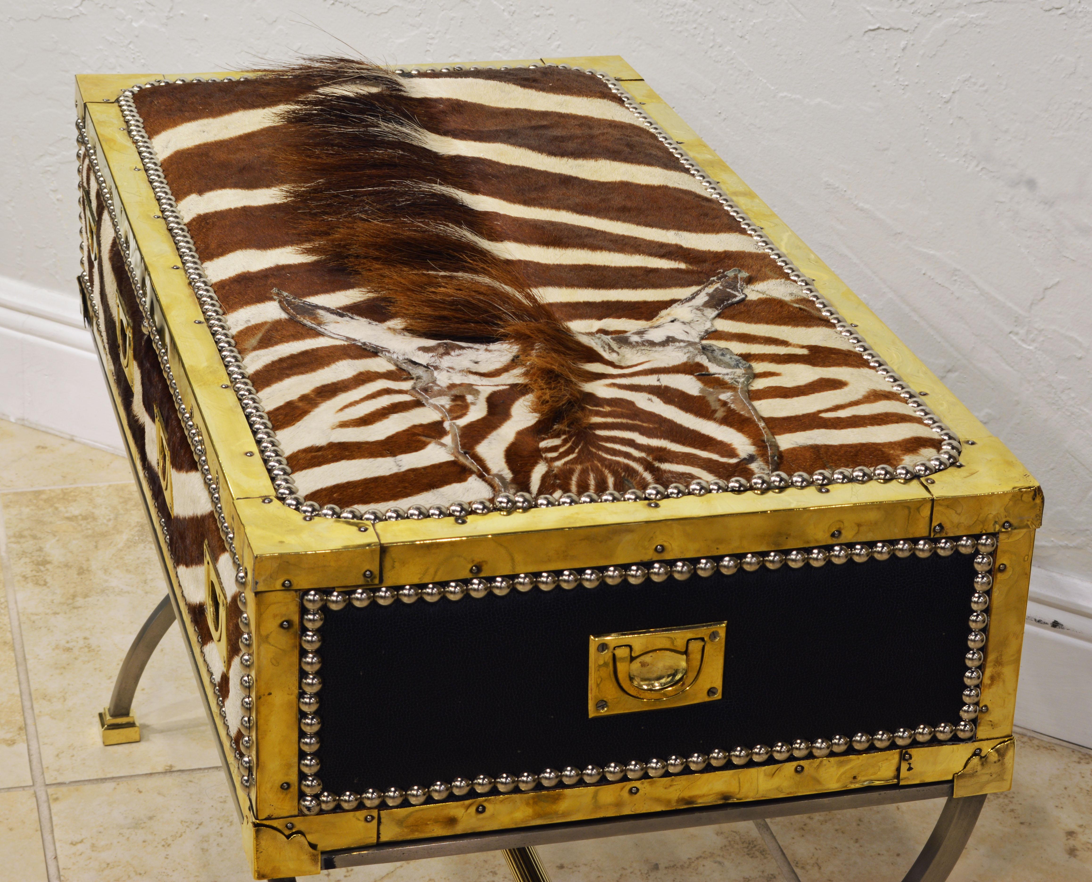 20th Century Unique Midcentury French Two-Drawer Zebra Skin Commode on Curule Style Stand