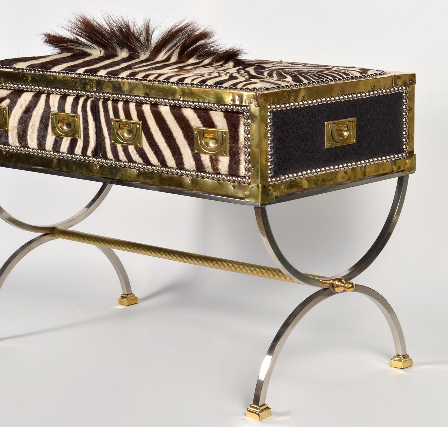 Brass Unique Midcentury French Two-Drawer Zebra Skin Commode on Curule Style Stand