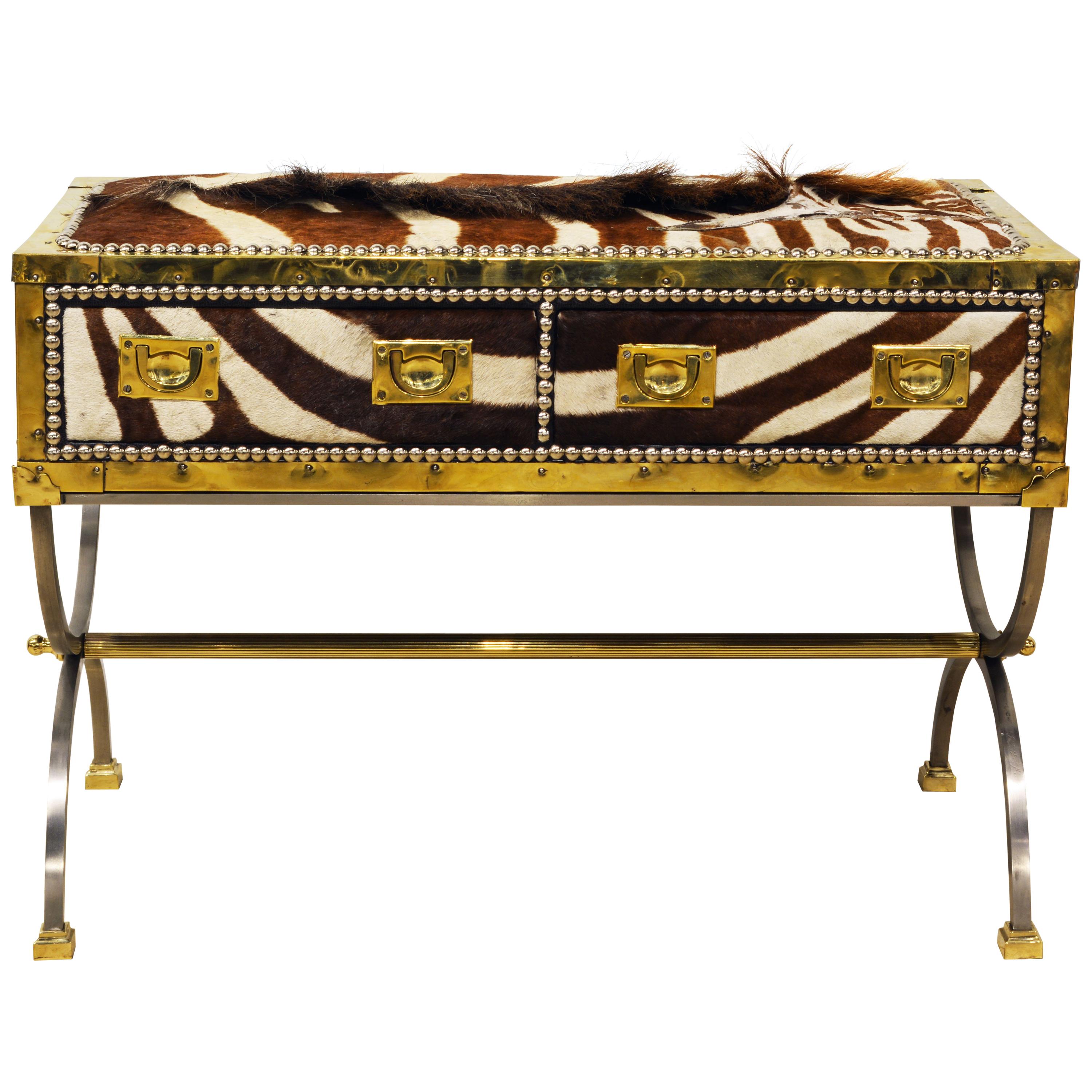 Unique Midcentury French Two-Drawer Zebra Skin Commode on Curule Style Stand