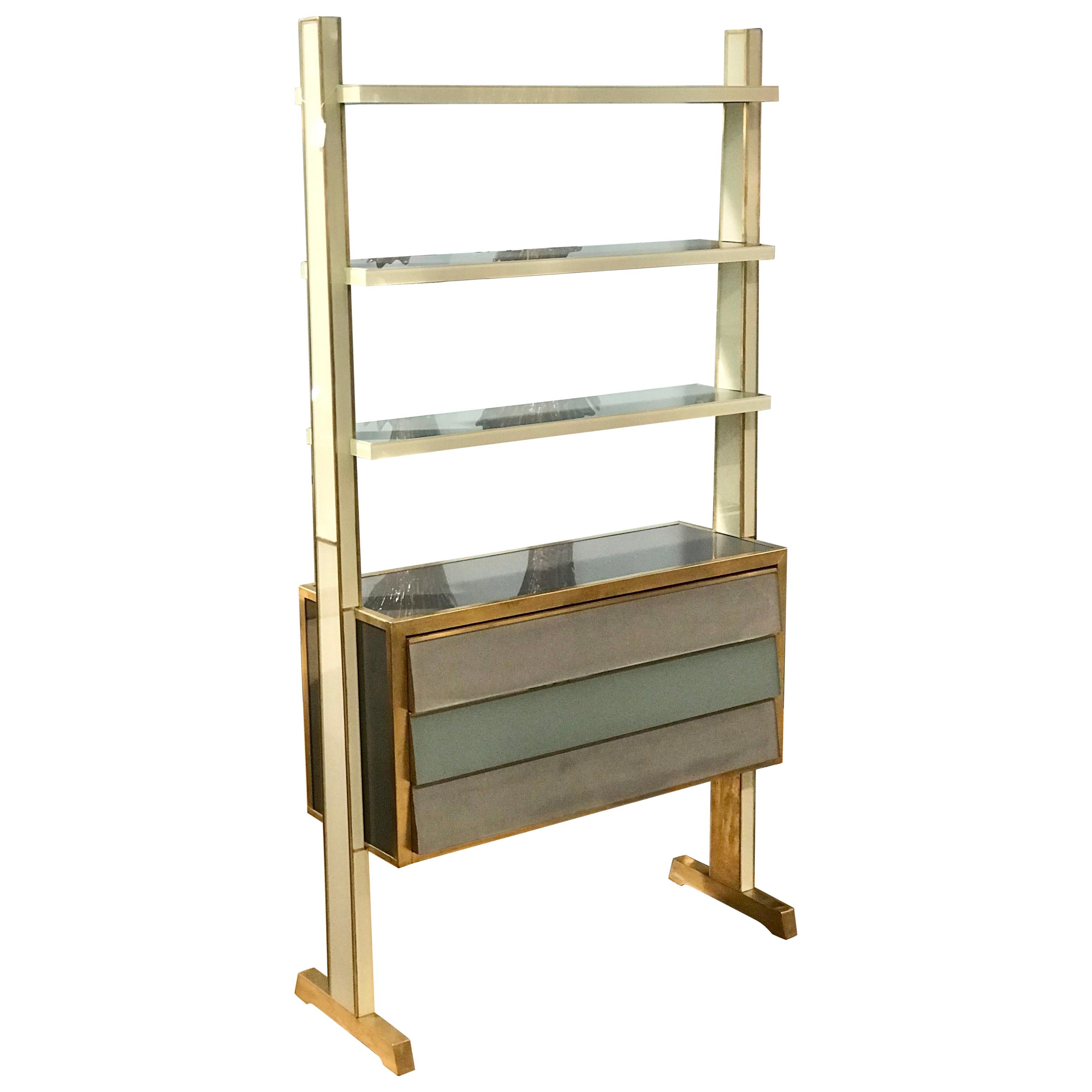 Unique Midcentury Italian Reverse Painted Glass and Brass Shelving Unit