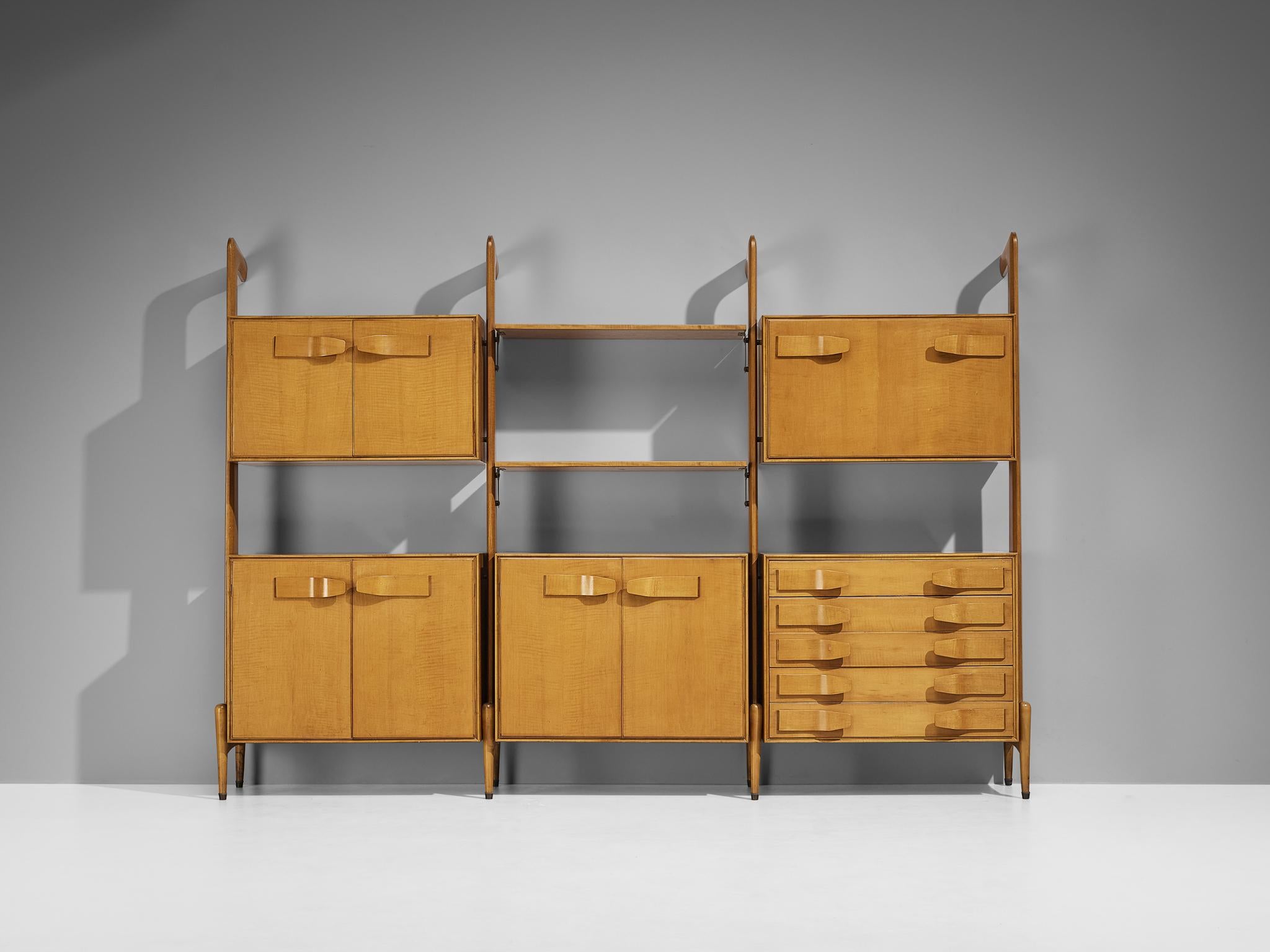 Mid-Century Modern Unique Midcentury Large Italian Bookcase in Cherry and Brass  For Sale