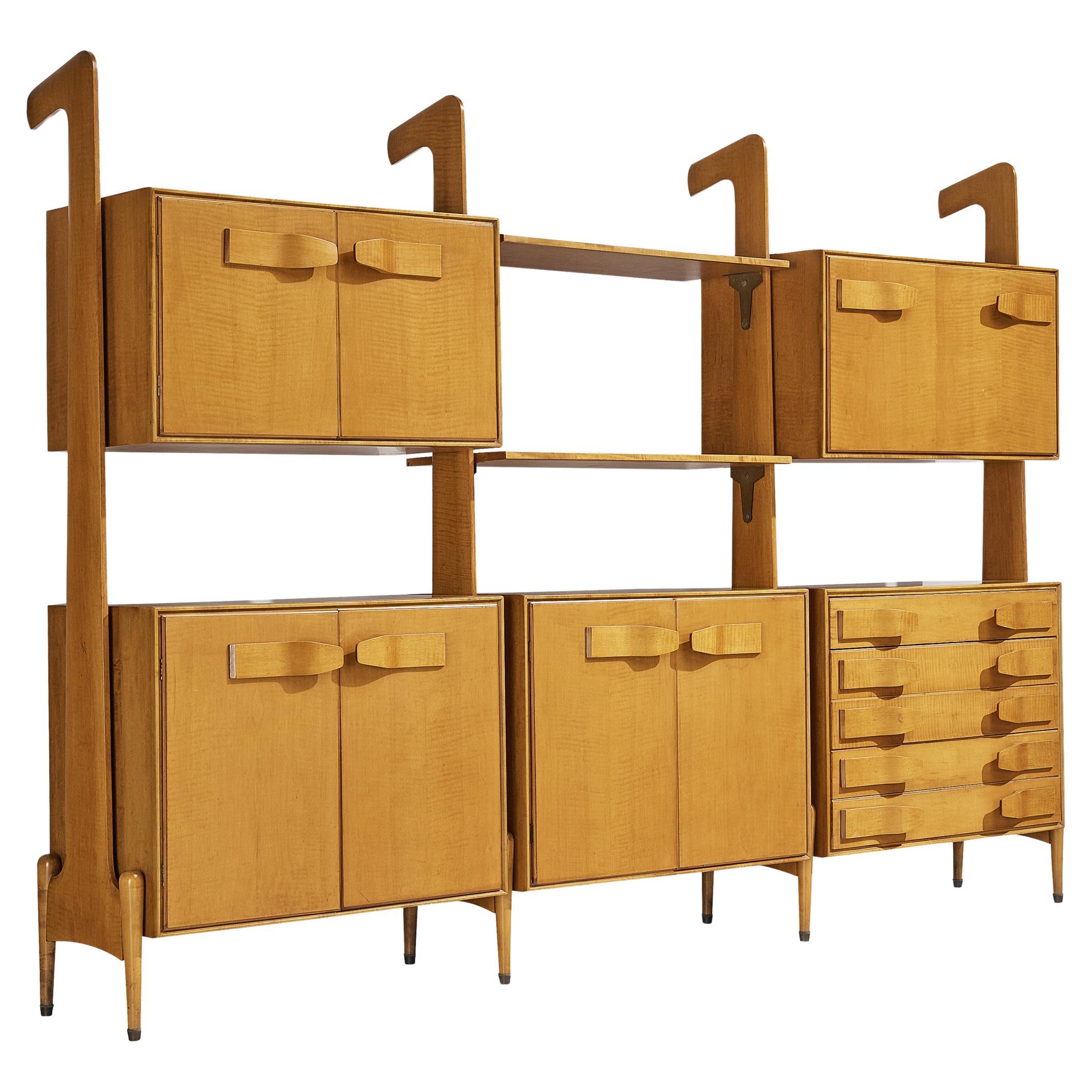 Unique Midcentury Large Italian Bookcase in Cherry and Brass  For Sale