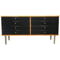 Unique Midcentury Low Four-Drawer Credenza Server Black Maple with Brass Legs